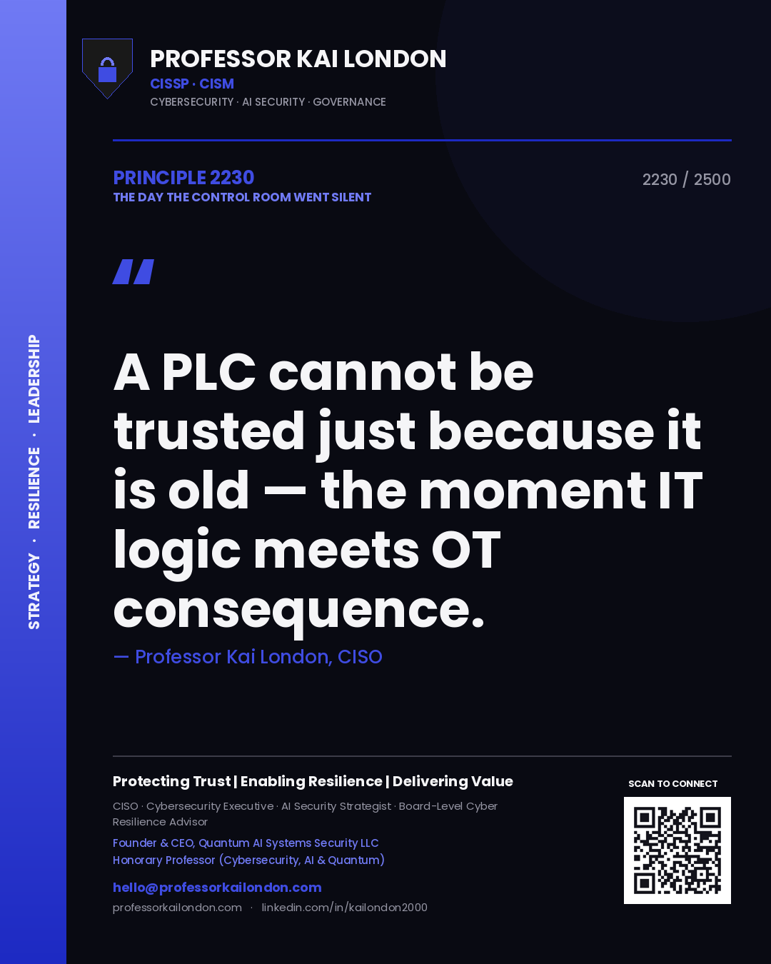 Quote card by Professor Kai London reading 'A PLC cannot be trusted just because it is old — the moment IT logic meets OT consequence.'. From the book The Day the Control Room Went Silent.