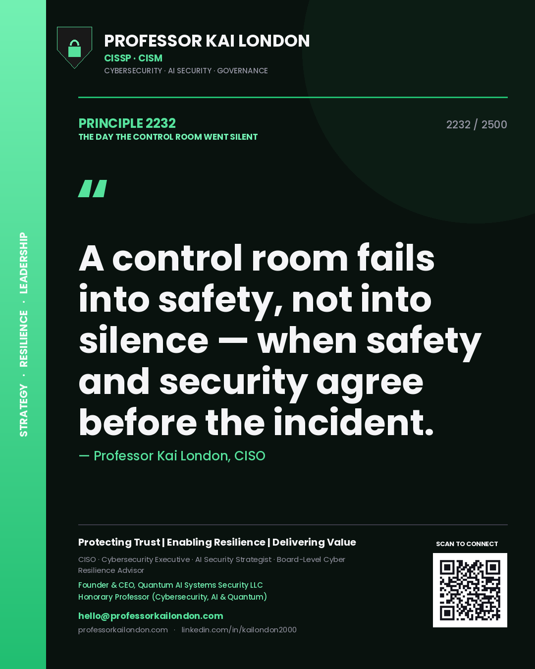 Quote card by Professor Kai London reading 'A control room fails into safety, not into silence — when safety and security agree before the incident.'. From the book The Day the Control Room Went Silent.
