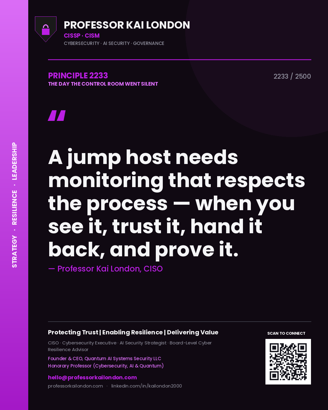 Professor Kai London principle 2233: A jump host needs monitoring that respects the process — when you see it, trust it, hand it back, and prove it.