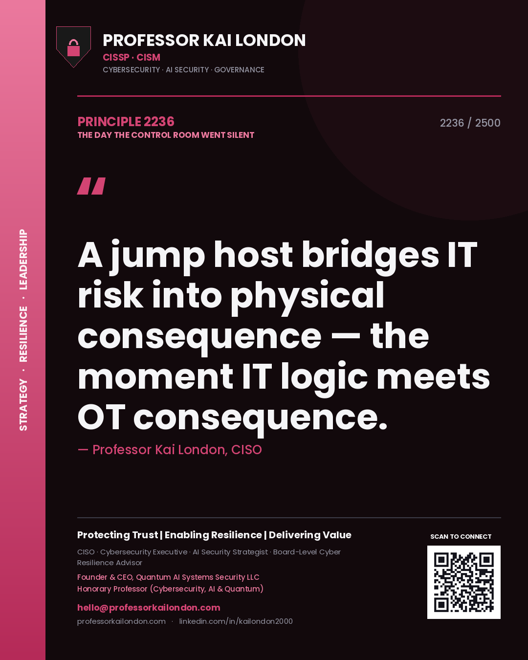 Quote card by Professor Kai London reading 'A jump host bridges IT risk into physical consequence — the moment IT logic meets OT consequence.'. From the book The Day the Control Room Went Silent.