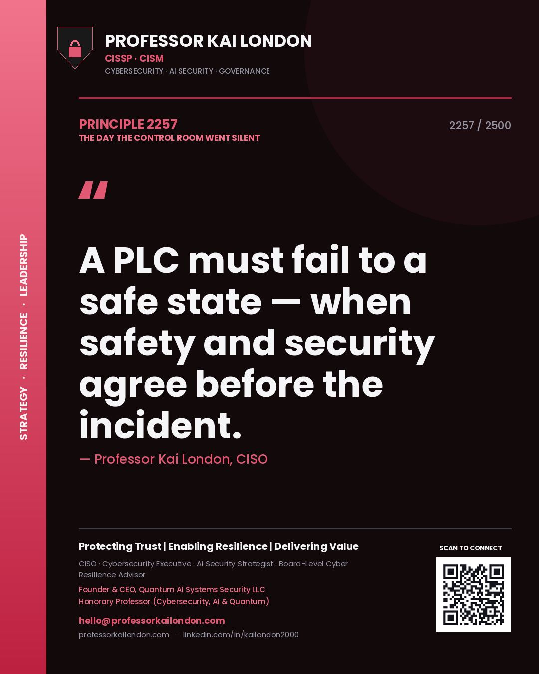 Quote card by Professor Kai London reading 'A PLC must fail to a safe state — when safety and security agree before the incident.'. From the book The Day the Control Room Went Silent.