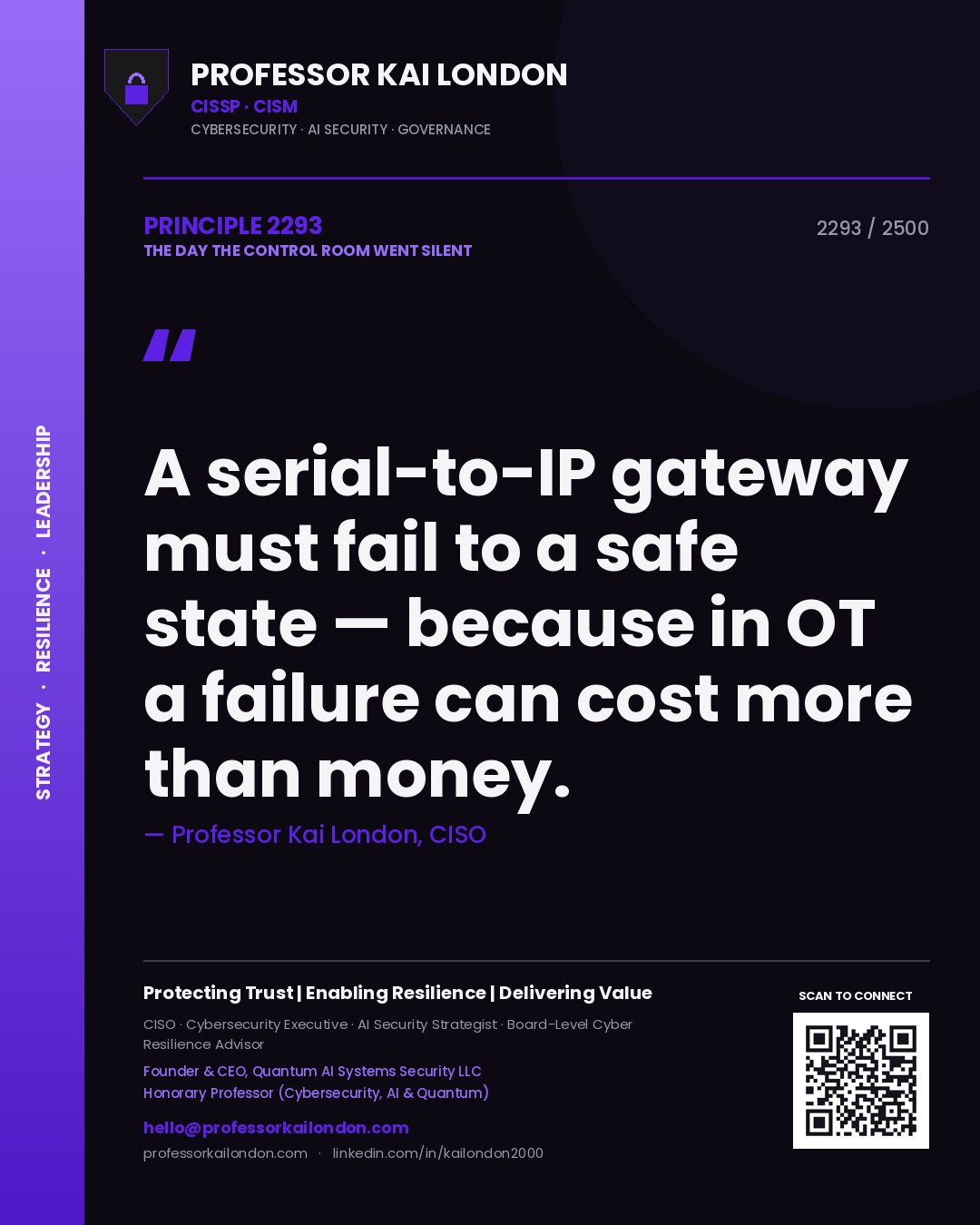 Professor Kai London principle 2293: A serial-to-IP gateway must fail to a safe state — because in OT a failure can cost more than money.