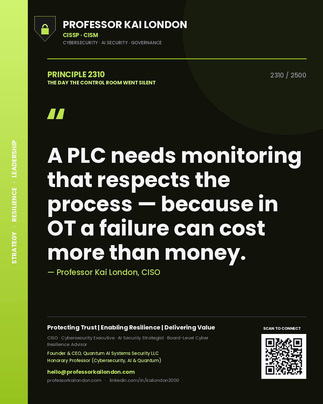 Quote card by Professor Kai London reading 'A PLC needs monitoring that respects the process — because in OT a failure can cost more than money.'. From the book The Day the Control Room Went Silent.