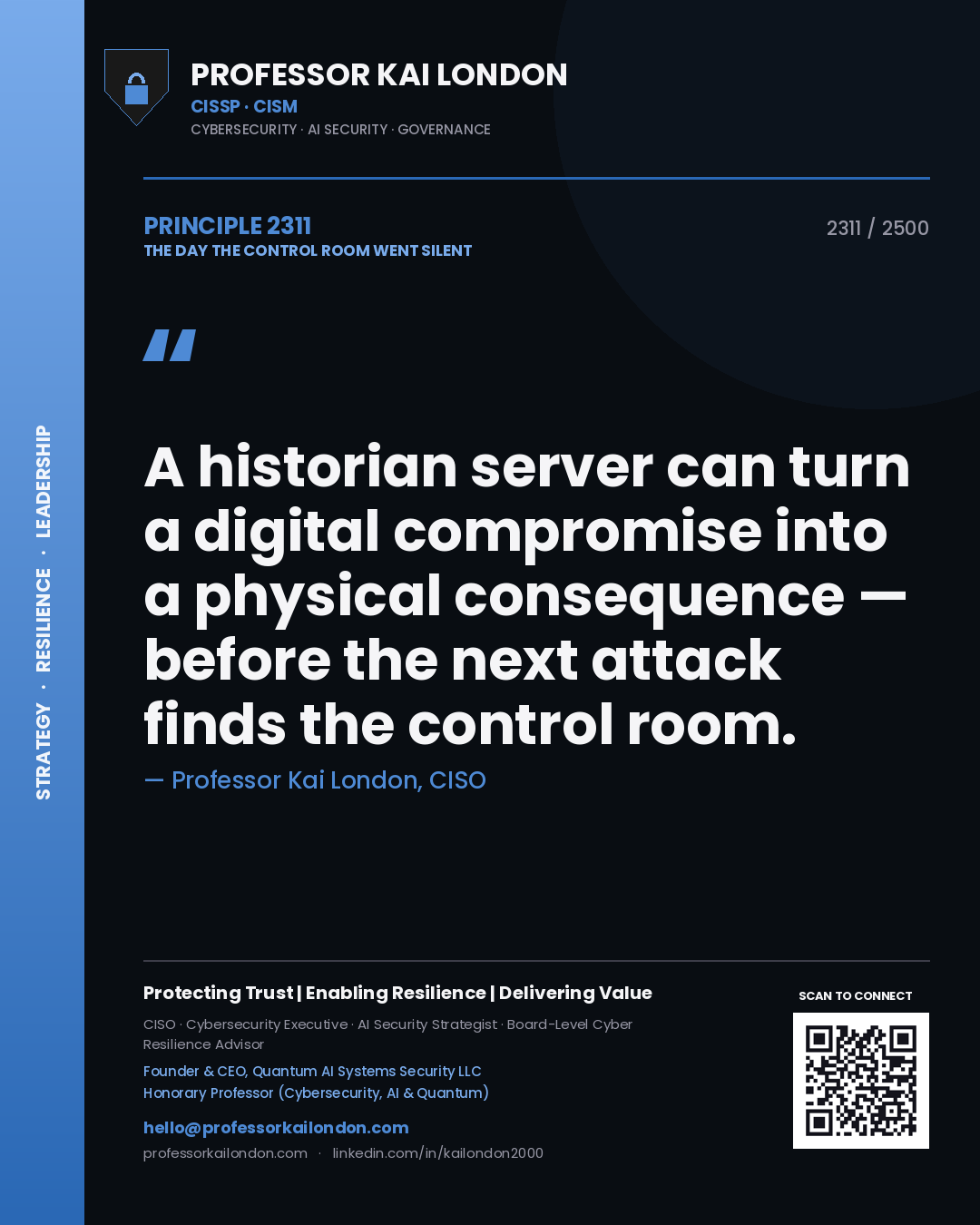 Quote card by Professor Kai London reading 'A historian server can turn a digital compromise into a physical consequence — before the next attack finds the control room.'. From the book The Day the Control Room Went Silent.