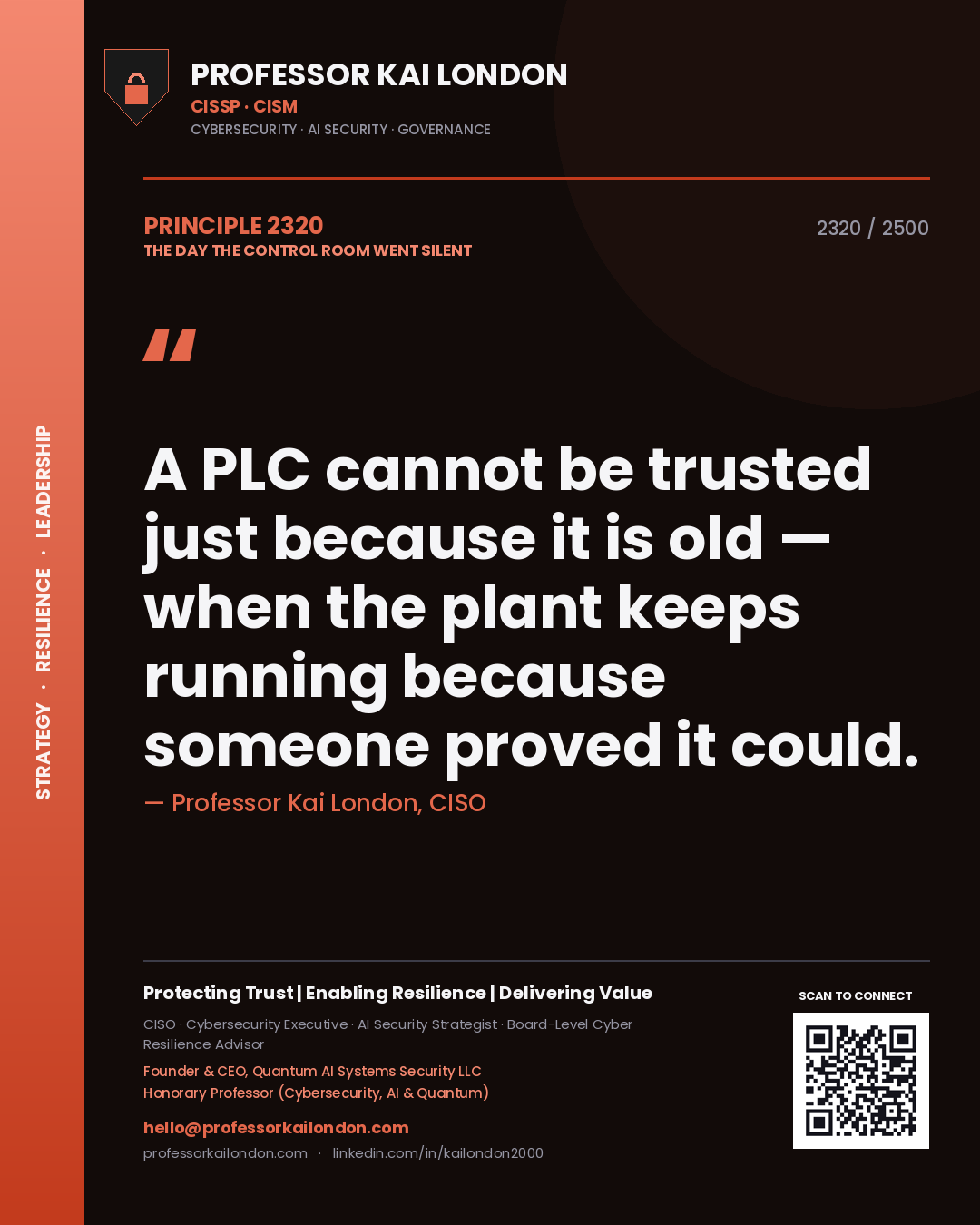 Quote card by Professor Kai London reading 'A PLC cannot be trusted just because it is old — when the plant keeps running because someone proved it could.'. From the book The Day the Control Room Went Silent.