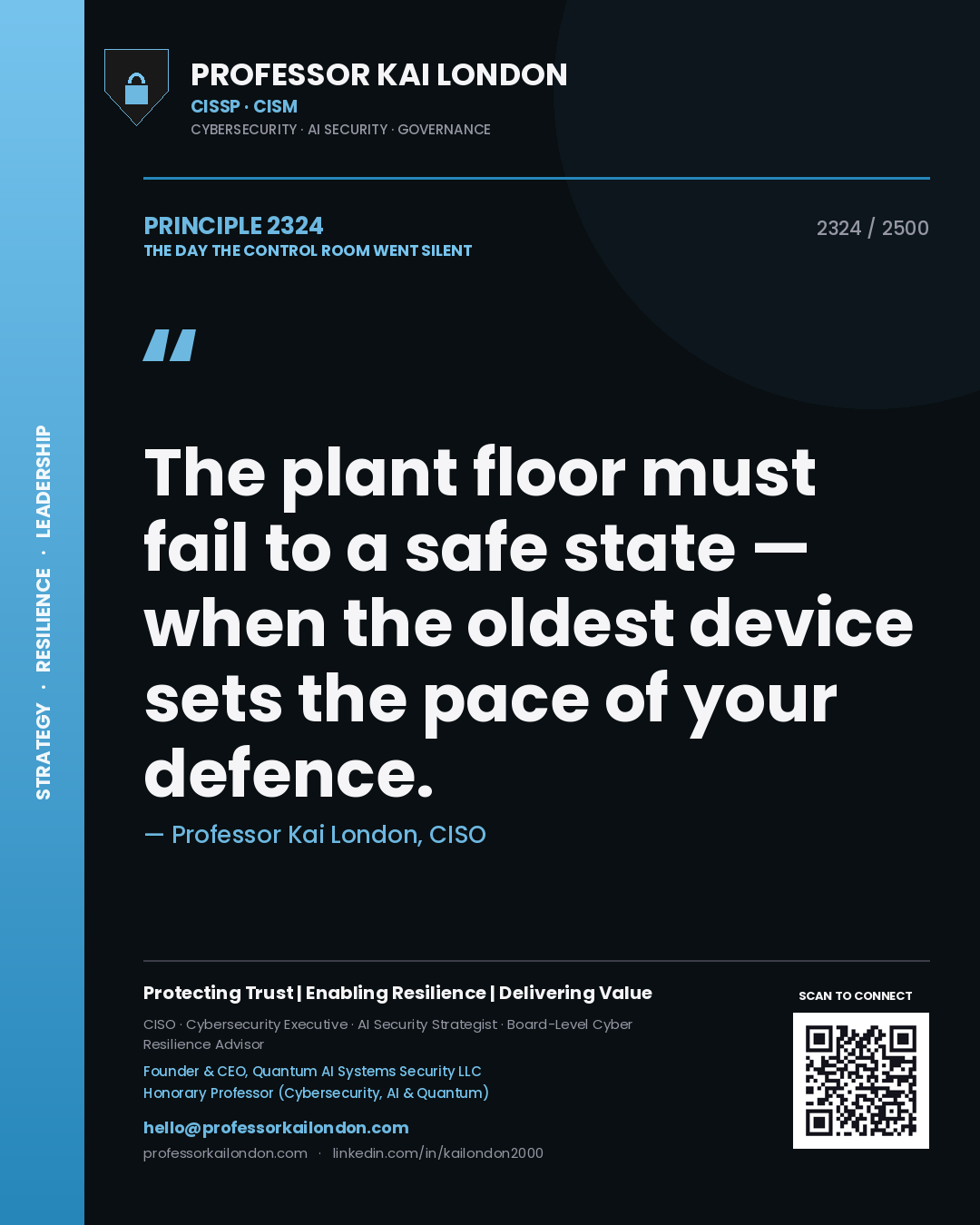 Quote card by Professor Kai London reading 'The plant floor must fail to a safe state — when the oldest device sets the pace of your defence.'. From the book The Day the Control Room Went Silent.