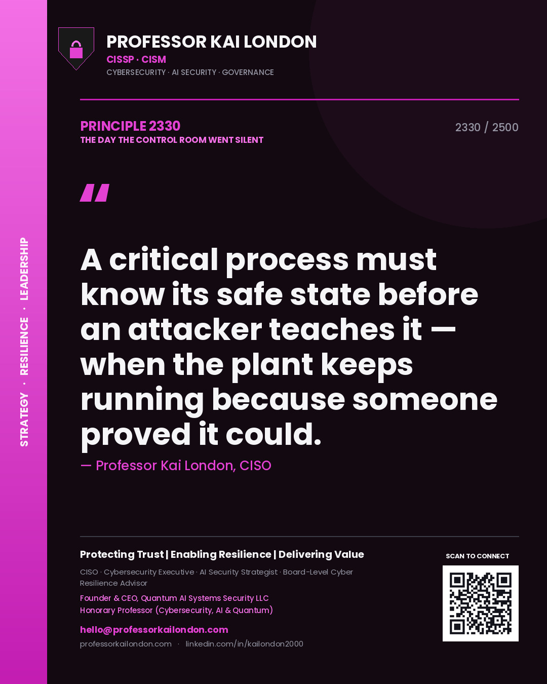 Quote card by Professor Kai London reading 'A critical process must know its safe state before an attacker teaches it — when the plant keeps running because someone proved it could.'. From the book The Day the Control Room Went Silent.