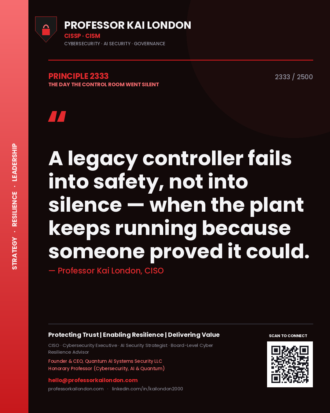 Quote card by Professor Kai London reading 'A legacy controller fails into safety, not into silence — when the plant keeps running because someone proved it could.'. From the book The Day the Control Room Went Silent.
