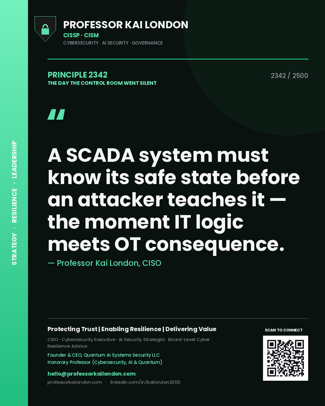 Quote card by Professor Kai London reading 'A SCADA system must know its safe state before an attacker teaches it — the moment IT logic meets OT consequence.'. From the book The Day the Control Room Went Silent.