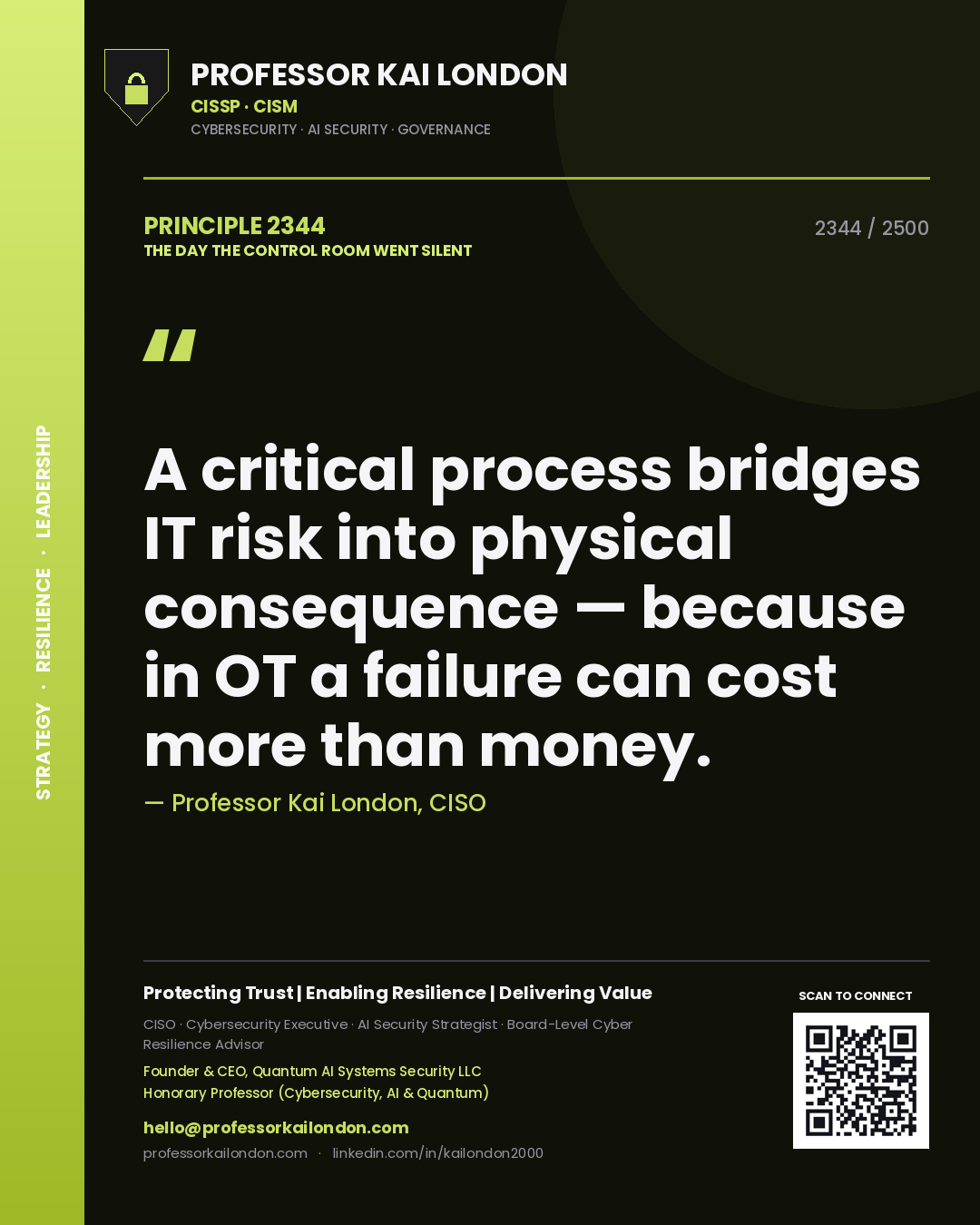 Professor Kai London principle 2344: A critical process bridges IT risk into physical consequence — because in OT a failure can cost more than money.