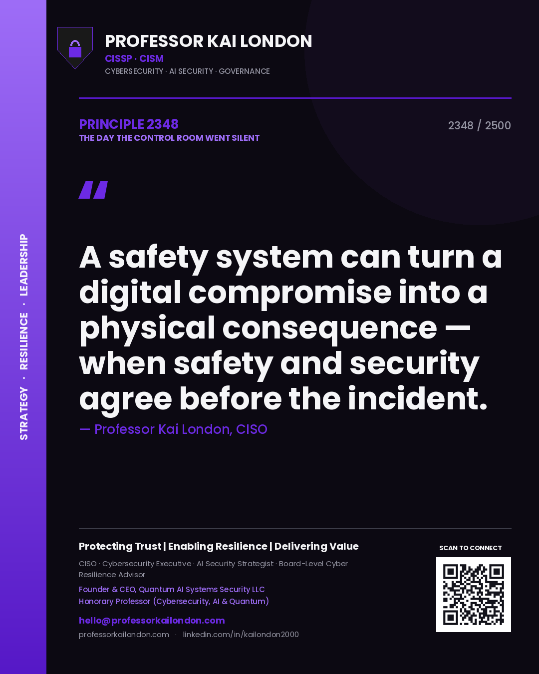 Quote card by Professor Kai London reading 'A safety system can turn a digital compromise into a physical consequence — when safety and security agree before the incident.'. From the book The Day the Control Room Went Silent.
