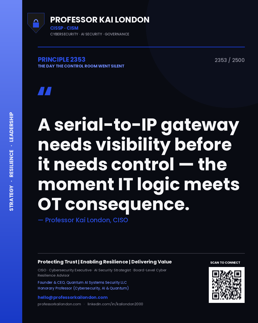 Quote card by Professor Kai London reading 'A serial-to-IP gateway needs visibility before it needs control — the moment IT logic meets OT consequence.'. From the book The Day the Control Room Went Silent.