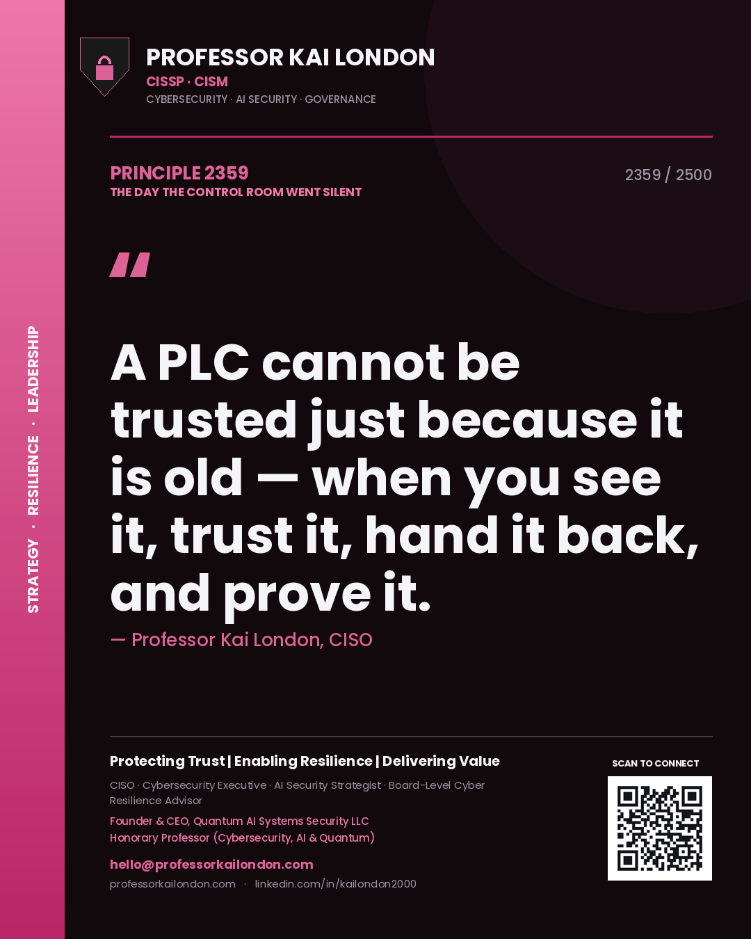 Quote card by Professor Kai London reading 'A PLC cannot be trusted just because it is old — when you see it, trust it, hand it back, and prove it.'. From the book The Day the Control Room Went Silent.