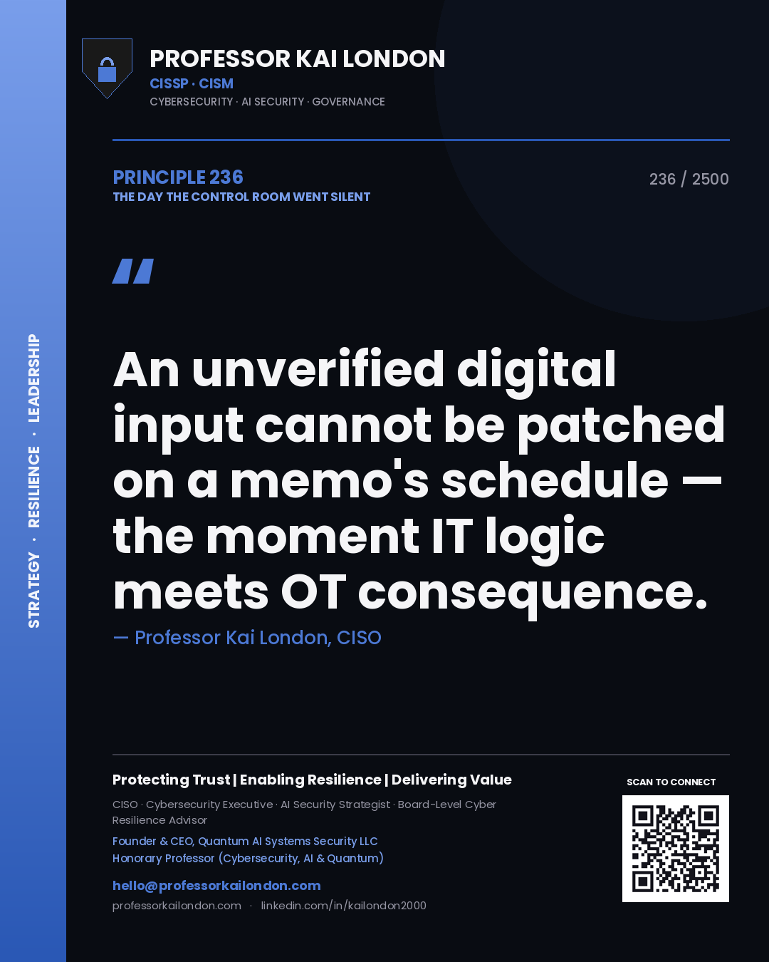 Quote card by Professor Kai London reading 'An unverified digital input cannot be patched on a memo's schedule — the moment IT logic meets OT consequence.'. From the book The Day the Control Room Went Silent.