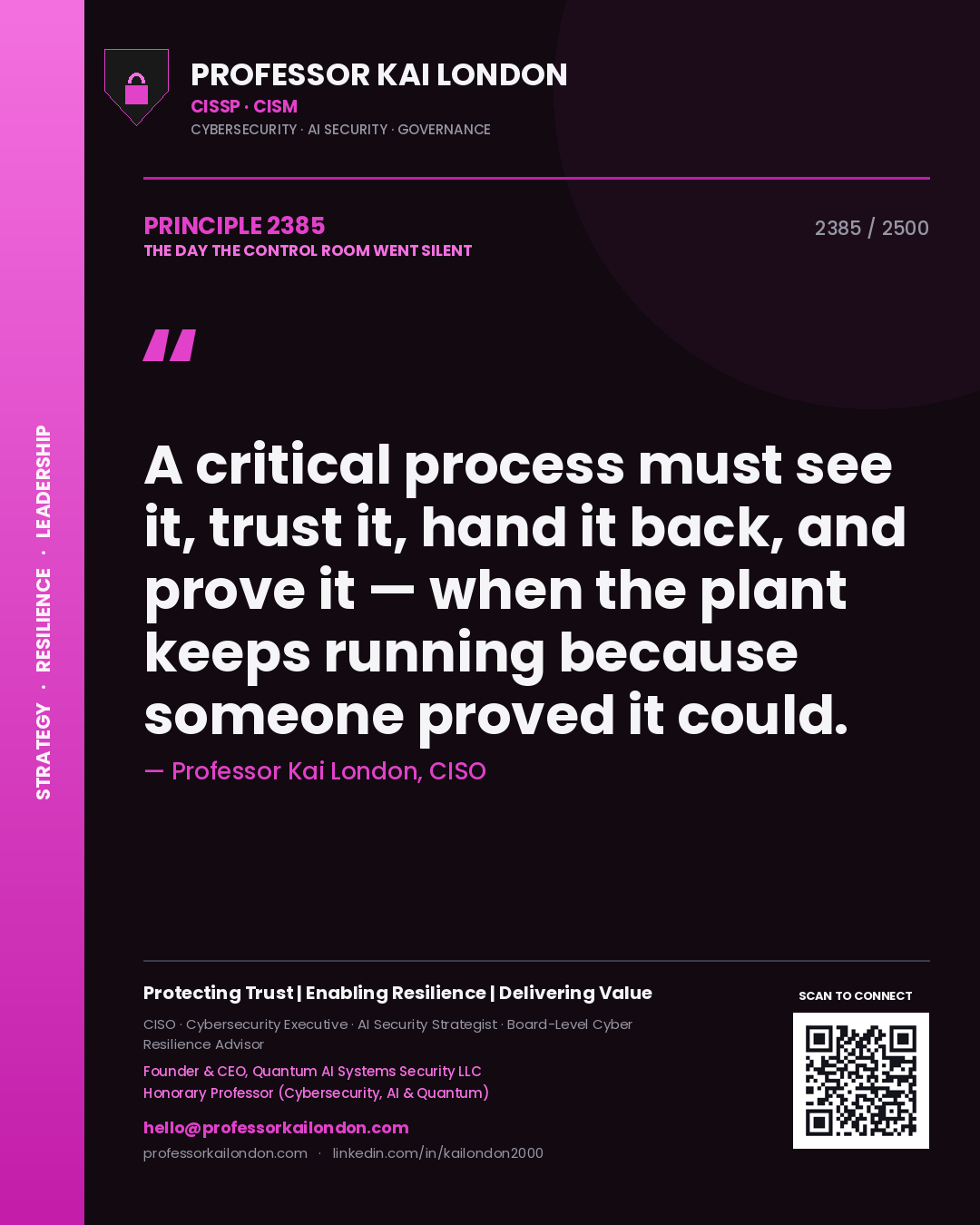 Quote card by Professor Kai London reading 'A critical process must see it, trust it, hand it back, and prove it — when the plant keeps running because someone proved it could.'. From the book The Day the Control Room Went Silent.