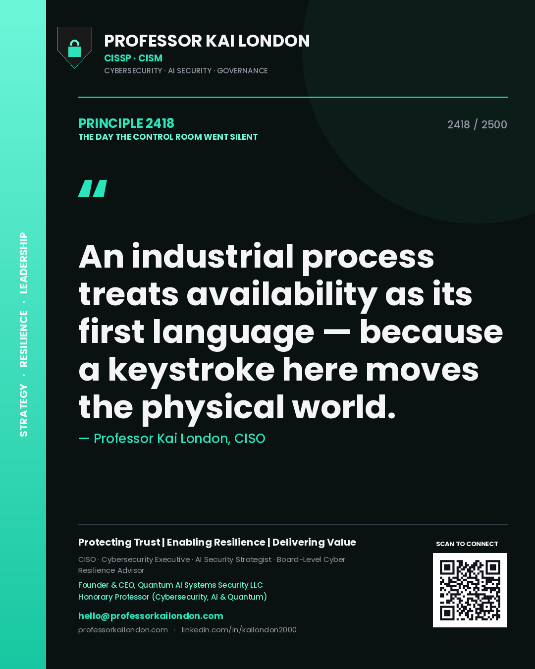 Professor Kai London principle 2418: An industrial process treats availability as its first language — because a keystroke here moves the physical world.