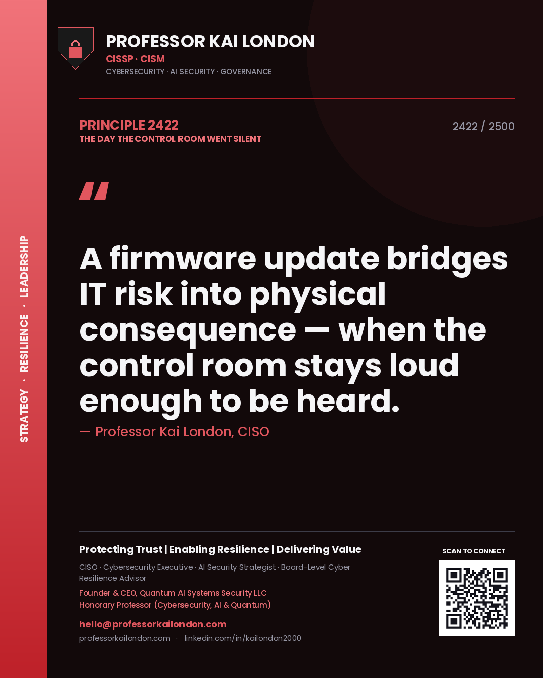 Professor Kai London principle 2422: A firmware update bridges IT risk into physical consequence — when the control room stays loud enough to be heard.