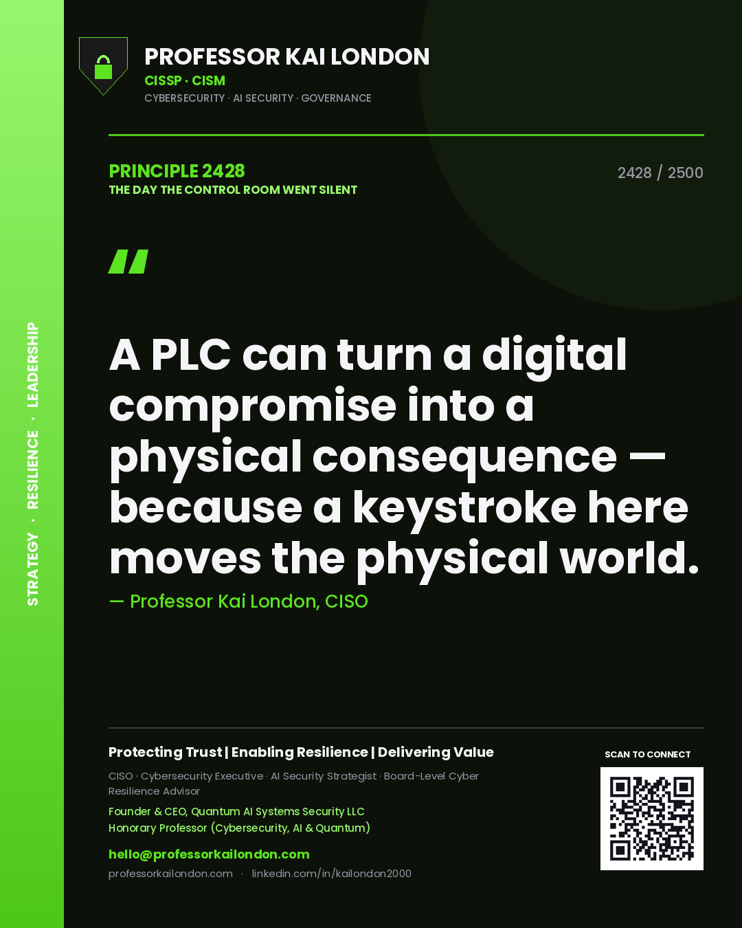 Professor Kai London principle 2428: A PLC can turn a digital compromise into a physical consequence — because a keystroke here moves the physical world.