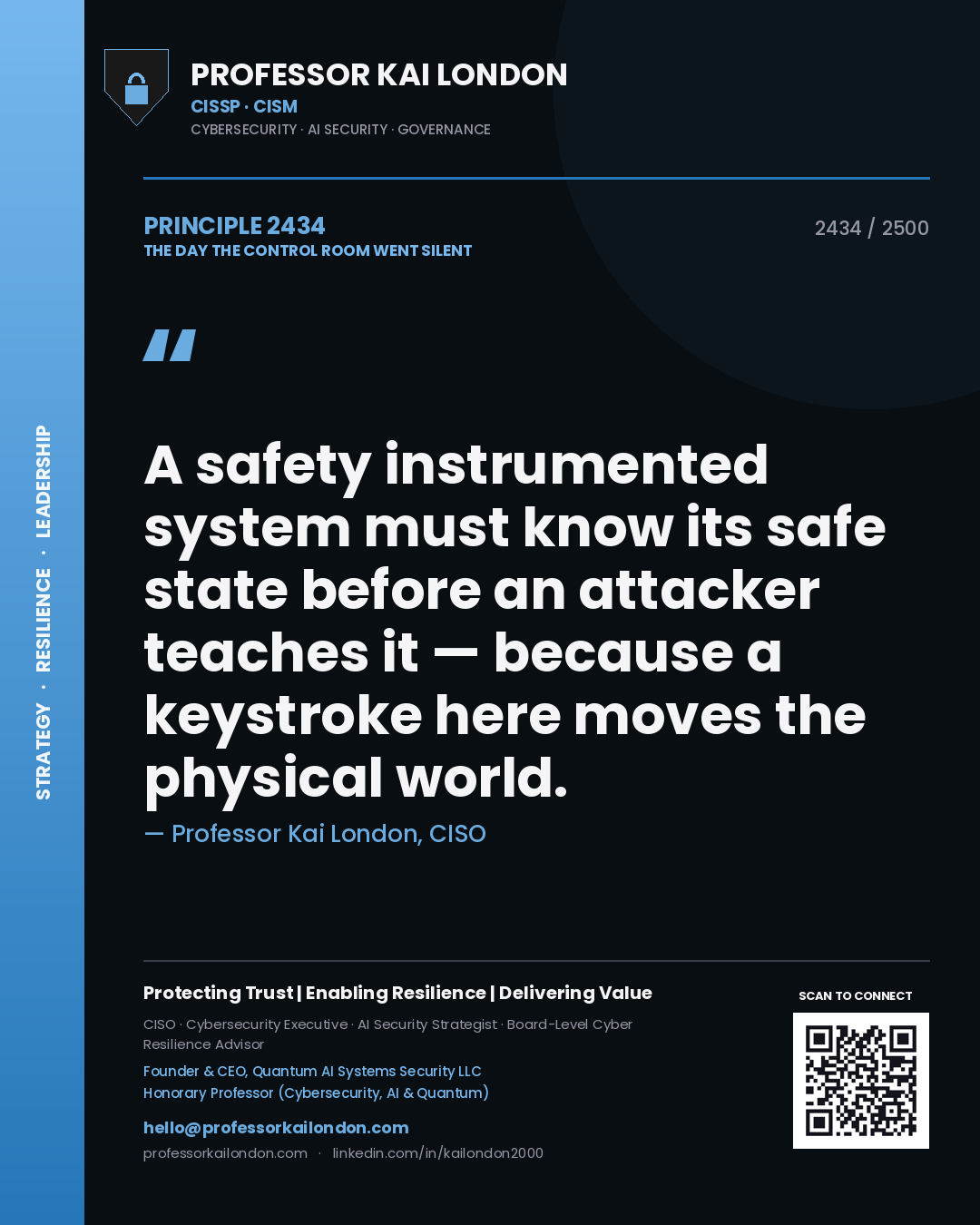 Quote card by Professor Kai London reading 'A safety instrumented system must know its safe state before an attacker teaches it — because a keystroke here moves the physical world.'. From the book The Day the Control Room Went Silent.