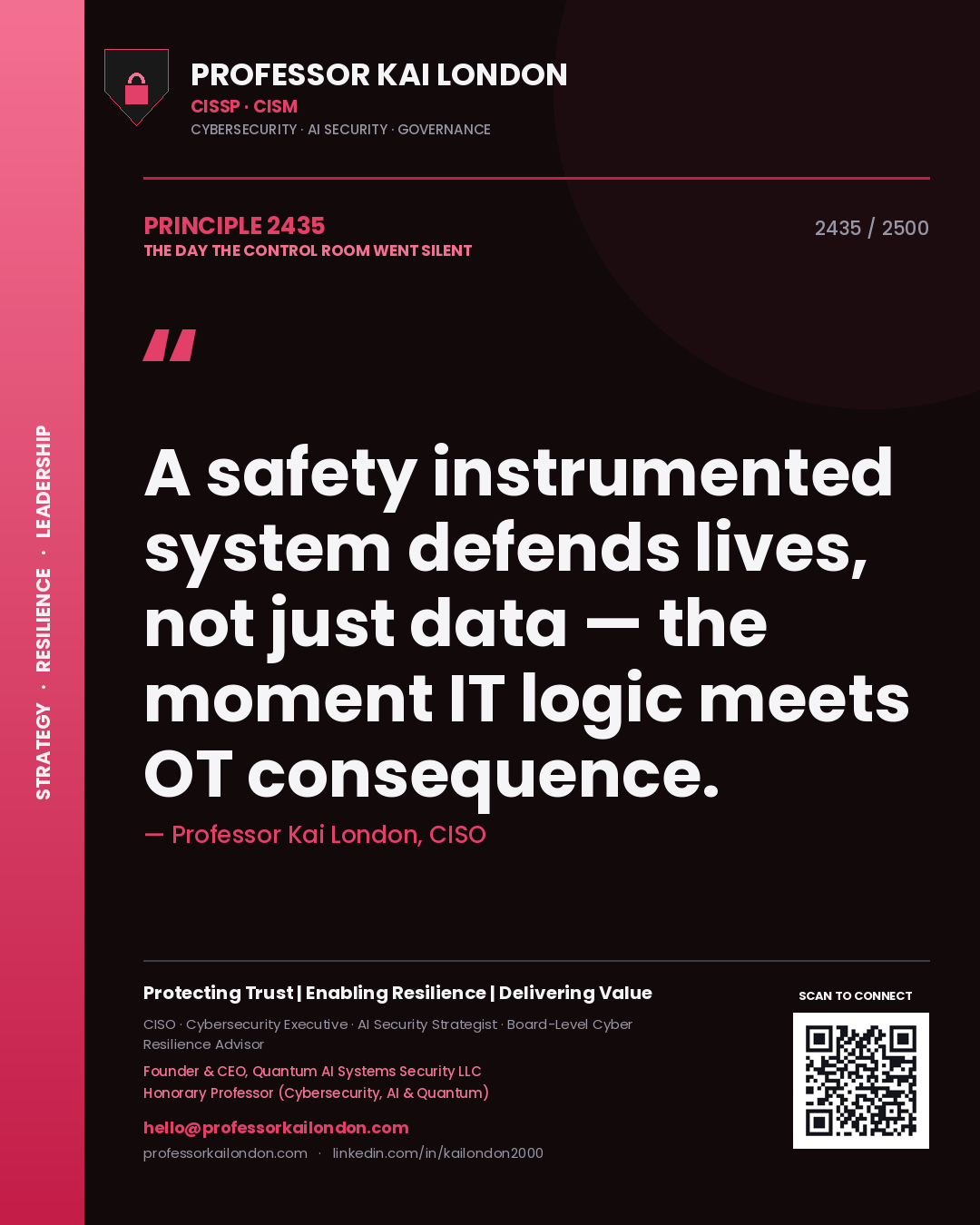 Professor Kai London principle 2435: A safety instrumented system defends lives, not just data — the moment IT logic meets OT consequence.