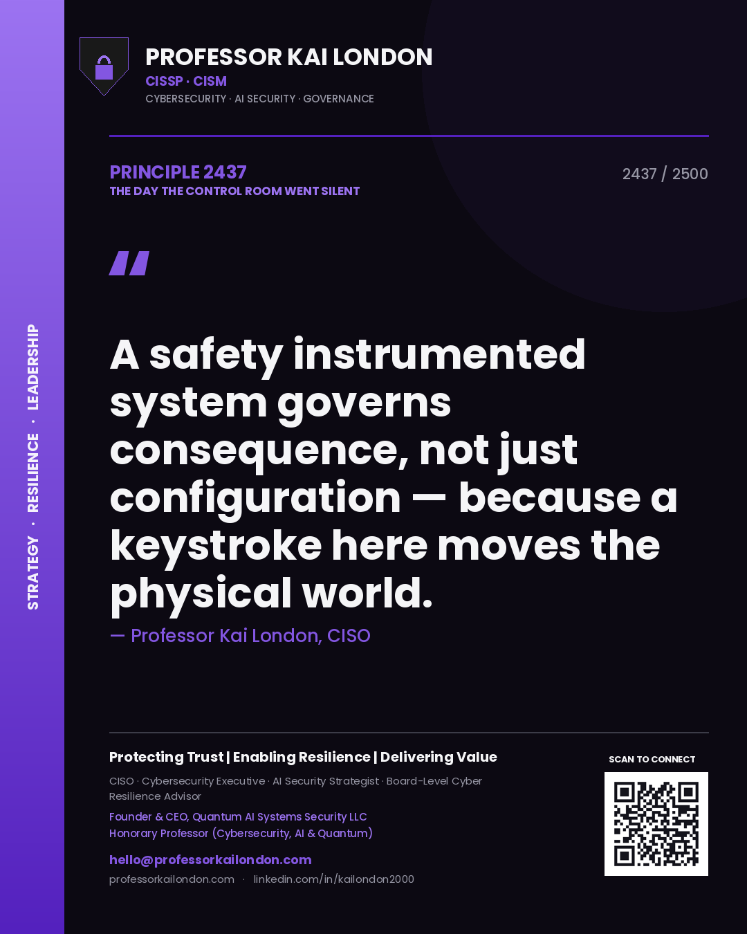 Professor Kai London principle 2437: A safety instrumented system governs consequence, not just configuration — because a keystroke here moves the physical world.