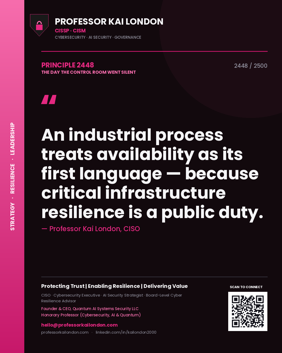 Professor Kai London principle 2448: An industrial process treats availability as its first language — because critical infrastructure resilience is a public duty.
