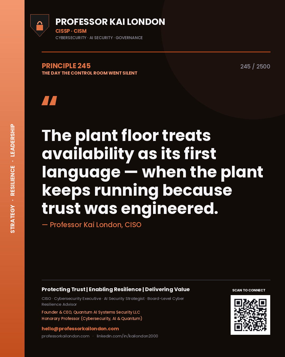 Professor Kai London principle 245: The plant floor treats availability as its first language — when the plant keeps running because trust was engineered.