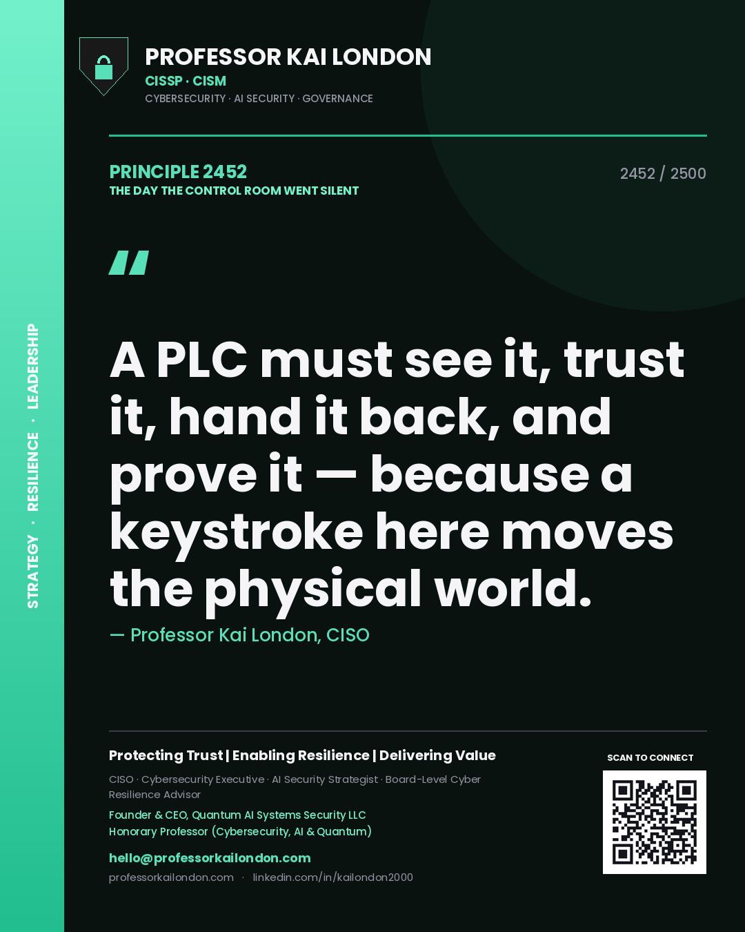 Professor Kai London principle 2452: A PLC must see it, trust it, hand it back, and prove it — because a keystroke here moves the physical world.