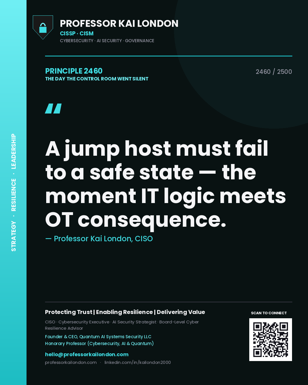 Quote card by Professor Kai London reading 'A jump host must fail to a safe state — the moment IT logic meets OT consequence.'. From the book The Day the Control Room Went Silent.