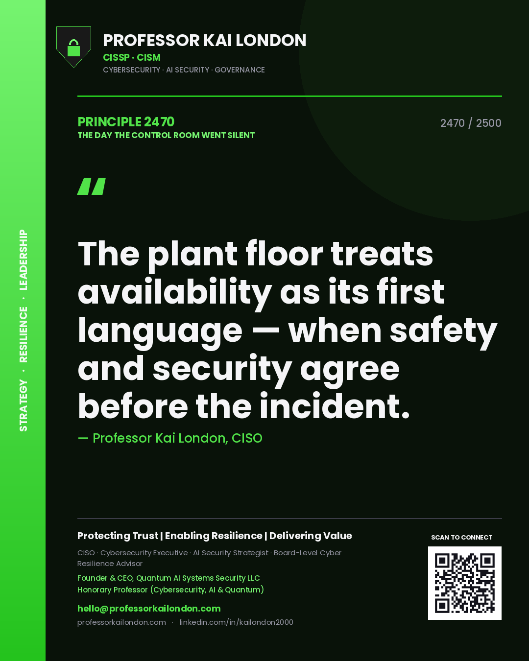 Quote card by Professor Kai London reading 'The plant floor treats availability as its first language — when safety and security agree before the incident.'. From the book The Day the Control Room Went Silent.