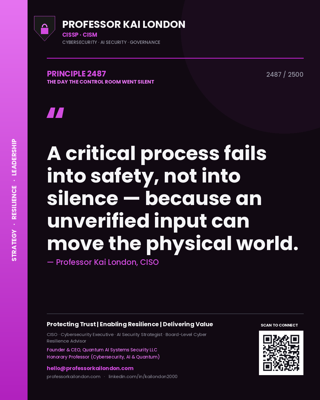 Professor Kai London principle 2487: A critical process fails into safety, not into silence — because an unverified input can move the physical world.