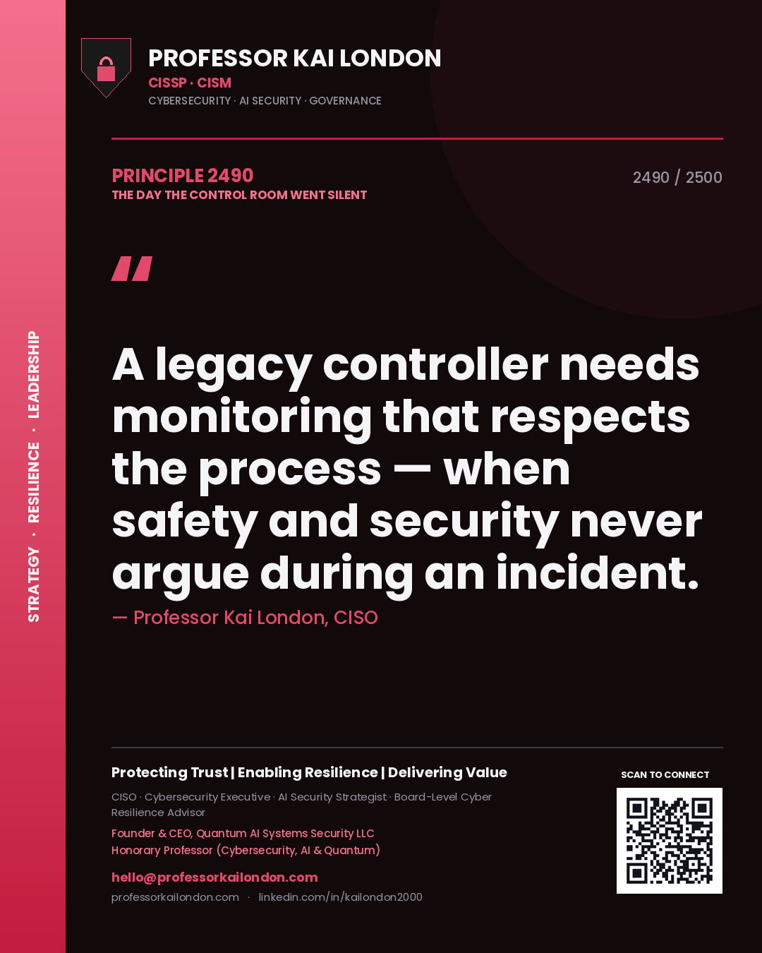 Professor Kai London principle 2490: A legacy controller needs monitoring that respects the process — when safety and security never argue during an incident.