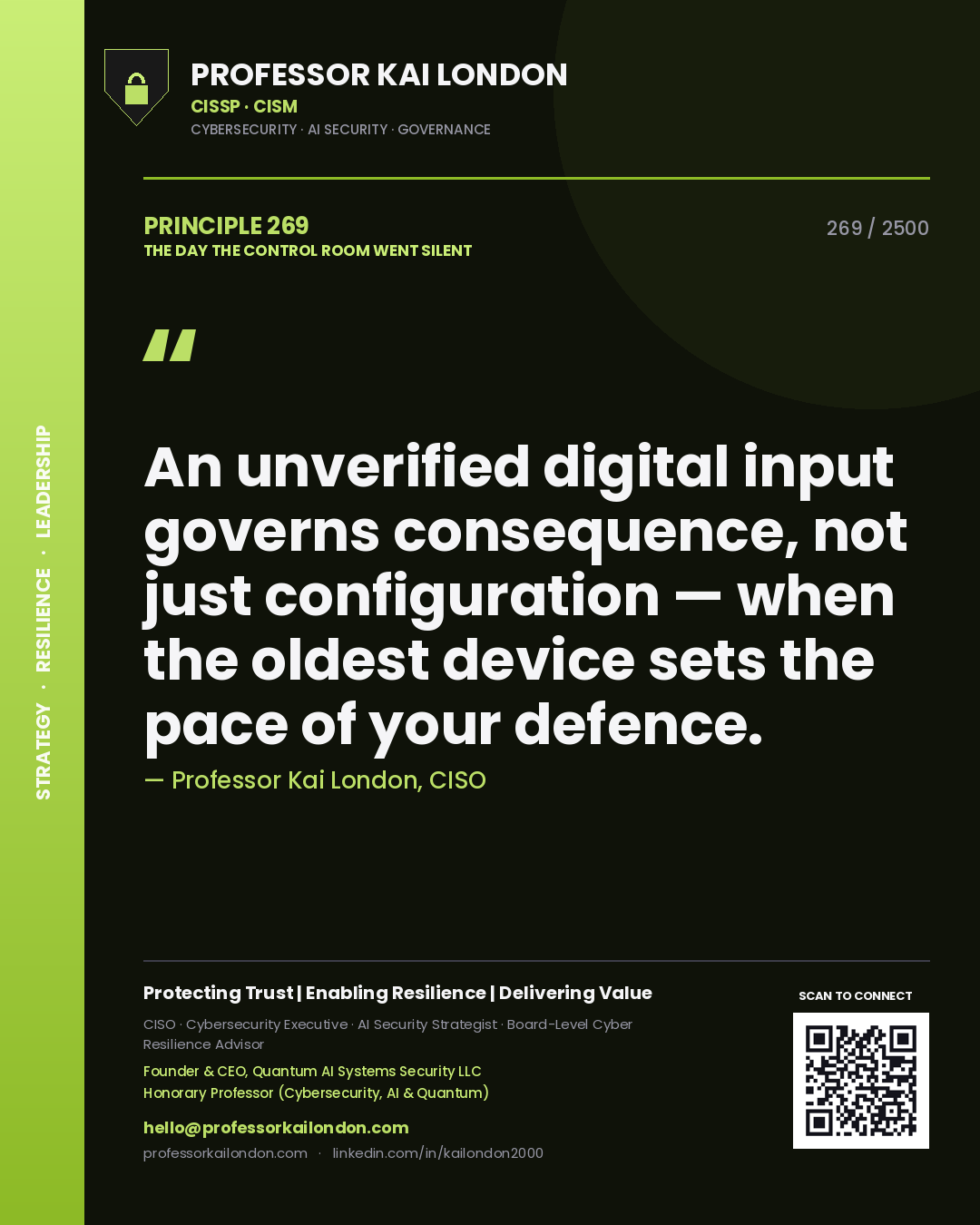 Quote card by Professor Kai London reading 'An unverified digital input governs consequence, not just configuration — when the oldest device sets the pace of your defence.'. From the book The Day the Control Room Went Silent.