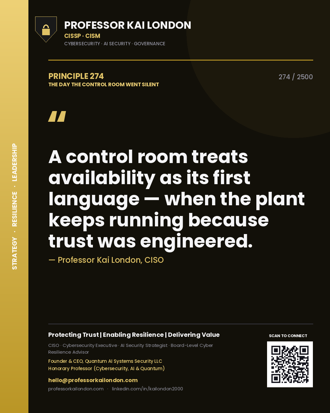 Quote card by Professor Kai London reading 'A control room treats availability as its first language — when the plant keeps running because trust was engineered.'. From the book The Day the Control Room Went Silent.