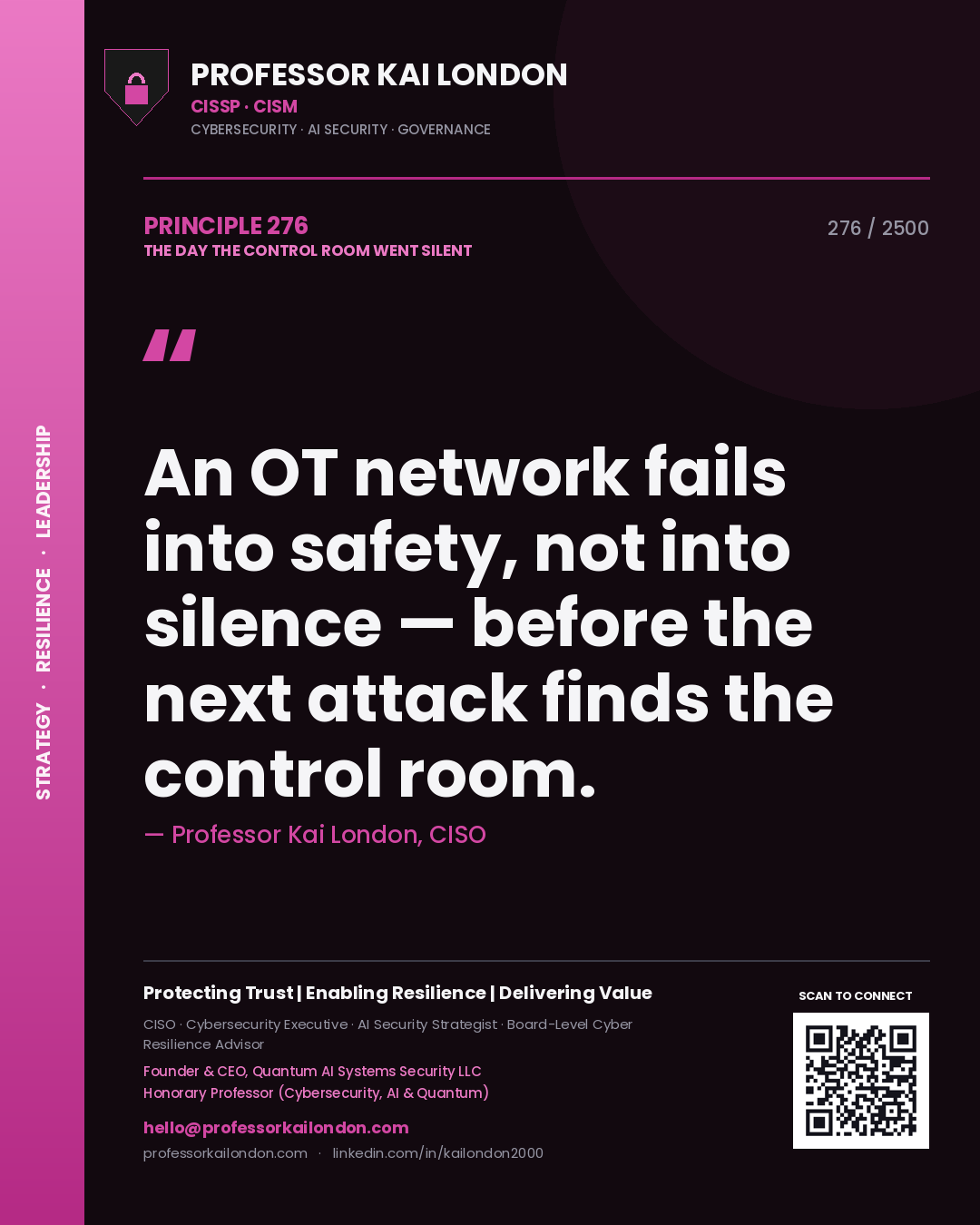 Quote card by Professor Kai London reading 'An OT network fails into safety, not into silence — before the next attack finds the control room.'. From the book The Day the Control Room Went Silent.
