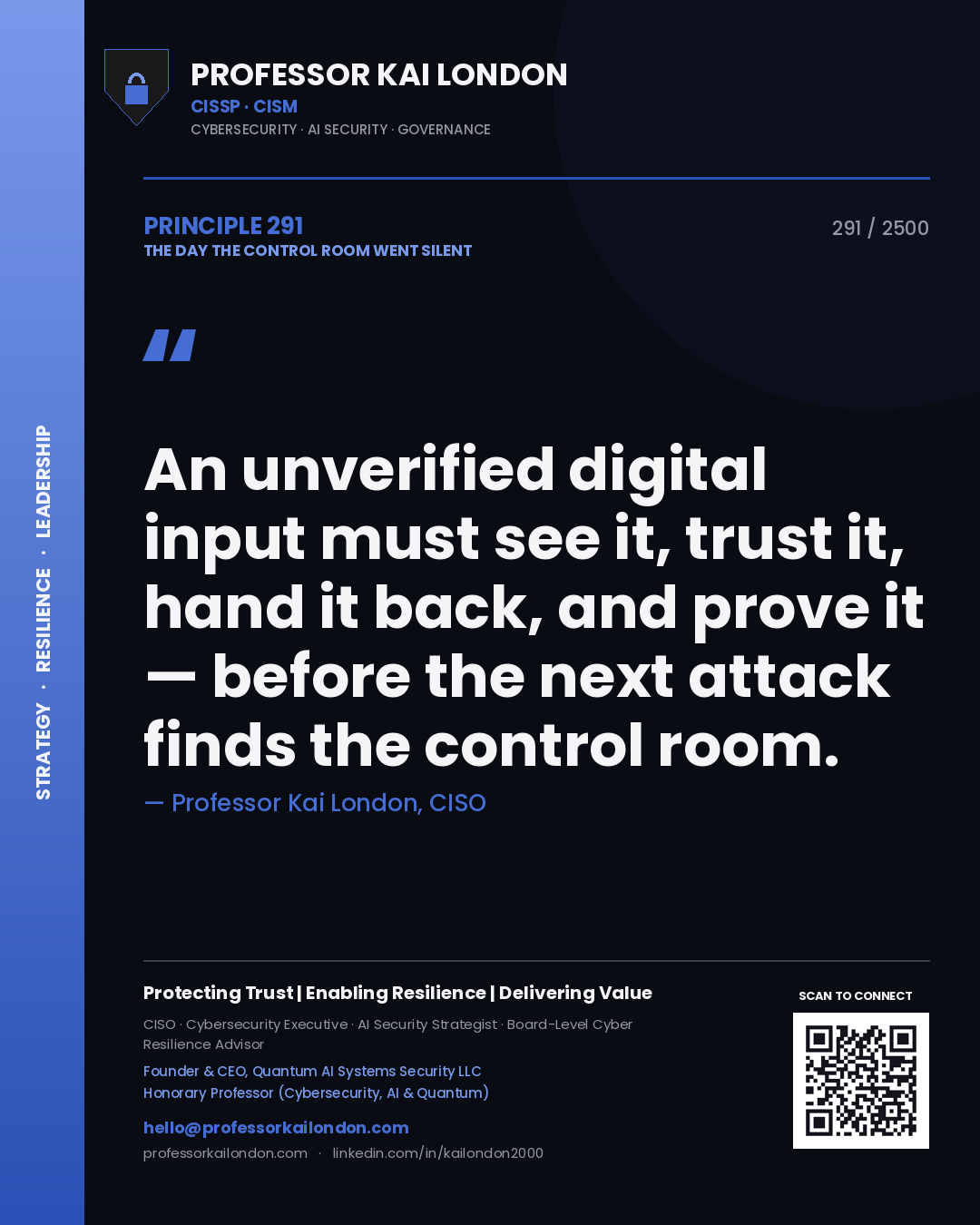 Quote card by Professor Kai London reading 'An unverified digital input must see it, trust it, hand it back, and prove it — before the next attack finds the control room.'. From the book The Day the Control Room Went Silent.