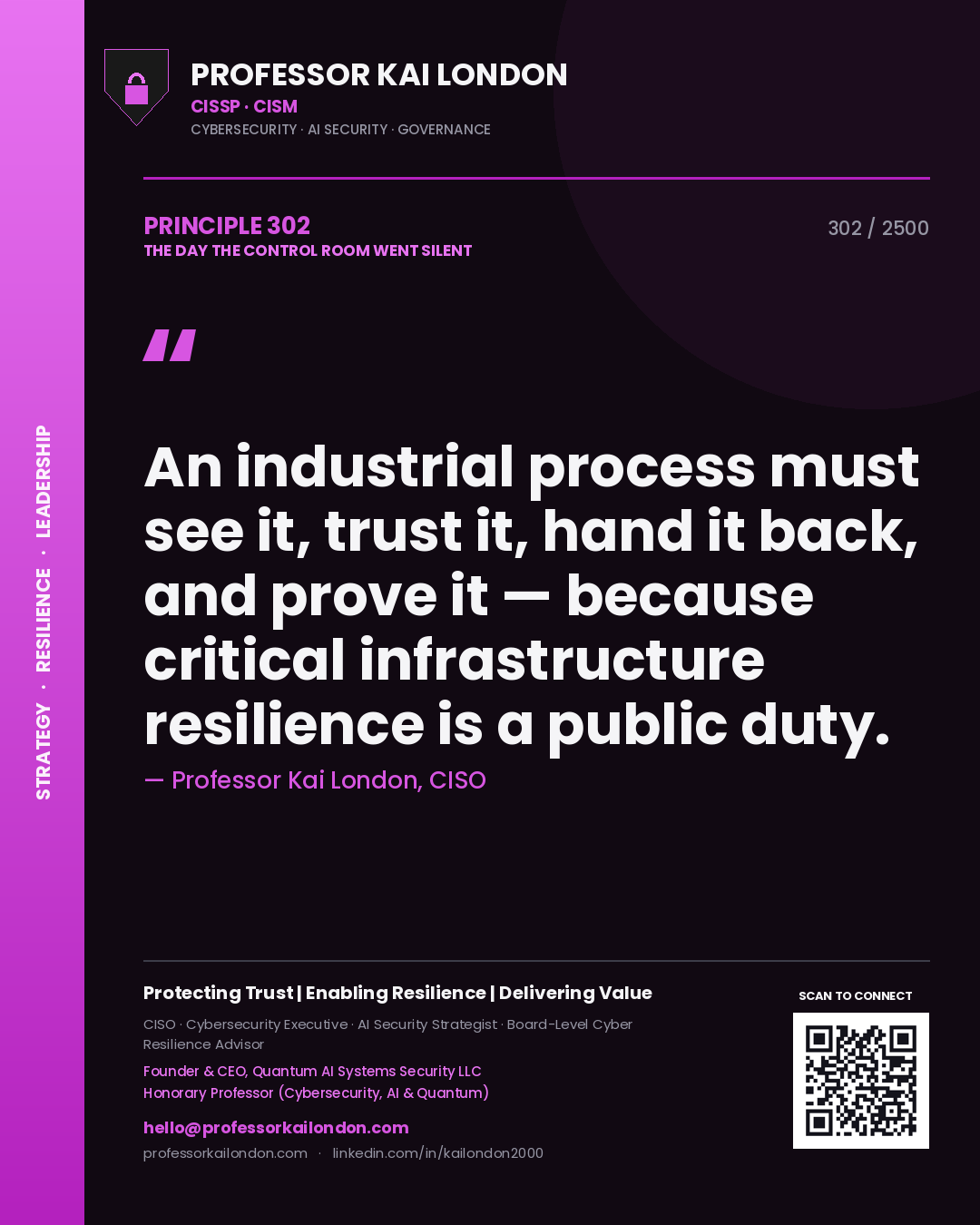 Professor Kai London principle 302: An industrial process must see it, trust it, hand it back, and prove it — because critical infrastructure resilience is a public duty.