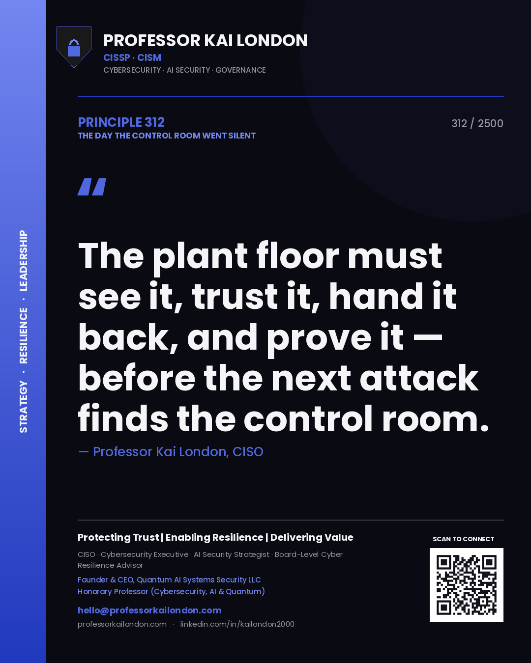 Professor Kai London principle 312: The plant floor must see it, trust it, hand it back, and prove it — before the next attack finds the control room.