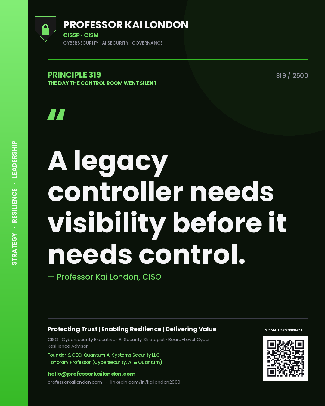 Quote card by Professor Kai London reading 'A legacy controller needs visibility before it needs control.'. From the book The Day the Control Room Went Silent.