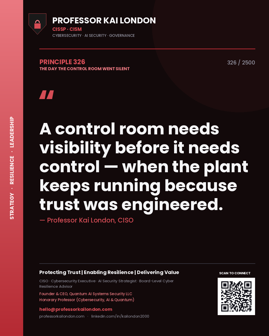 Quote card by Professor Kai London reading 'A control room needs visibility before it needs control — when the plant keeps running because trust was engineered.'. From the book The Day the Control Room Went Silent.
