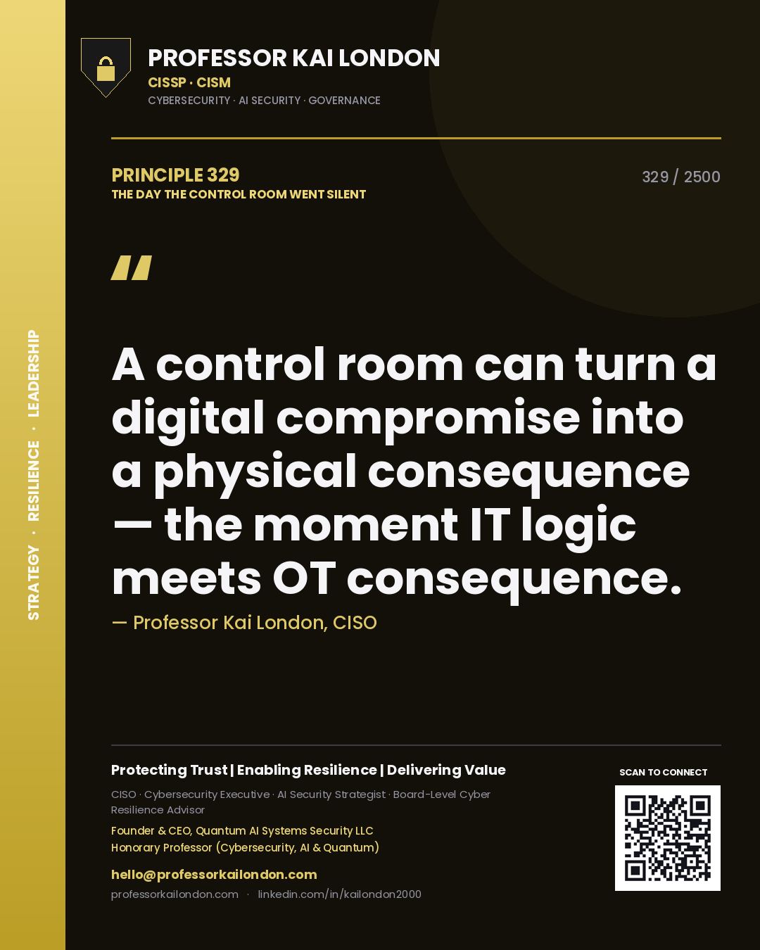 Quote card by Professor Kai London reading 'A control room can turn a digital compromise into a physical consequence — the moment IT logic meets OT consequence.'. From the book The Day the Control Room Went Silent.