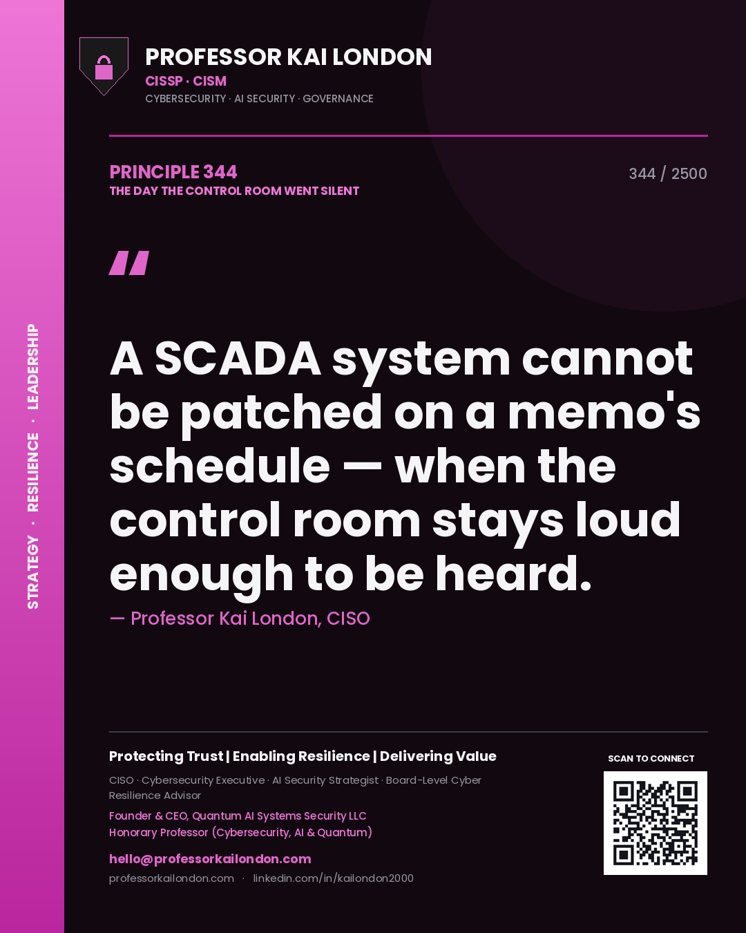 Professor Kai London principle 344: A SCADA system cannot be patched on a memo's schedule — when the control room stays loud enough to be heard.