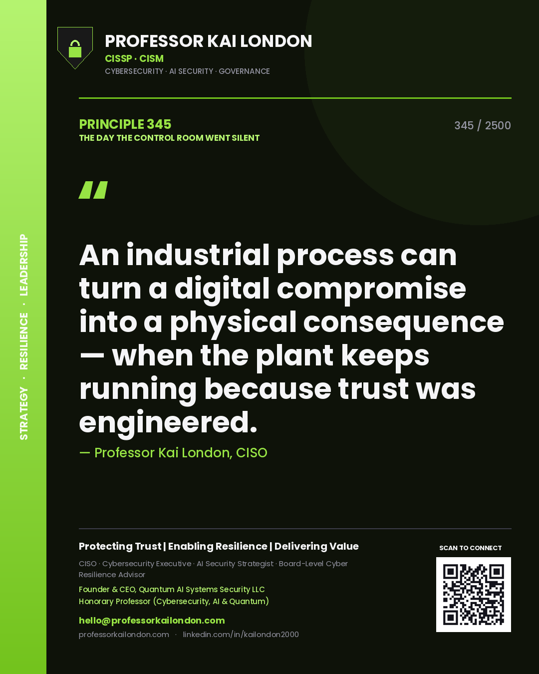 Quote card by Professor Kai London reading 'An industrial process can turn a digital compromise into a physical consequence — when the plant keeps running because trust was engineered.'. From the book The Day the Control Room Went Silent.