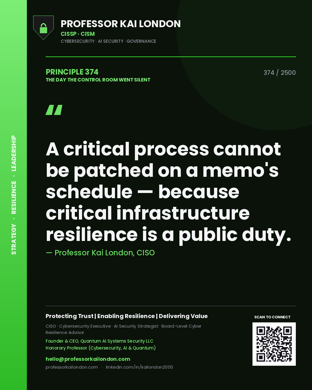 Quote card by Professor Kai London reading 'A critical process cannot be patched on a memo's schedule — because critical infrastructure resilience is a public duty.'. From the book The Day the Control Room Went Silent.