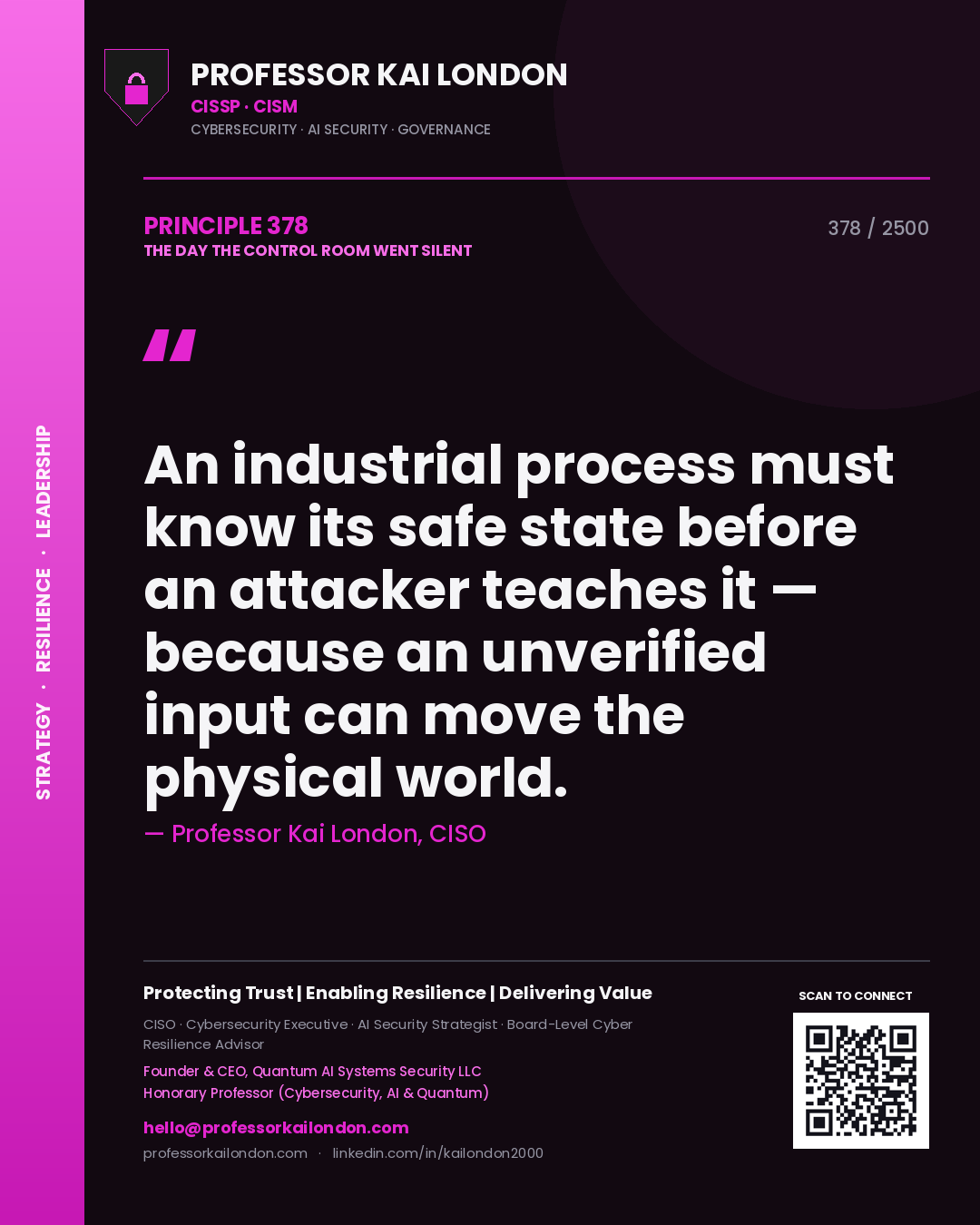 Quote card by Professor Kai London reading 'An industrial process must know its safe state before an attacker teaches it — because an unverified input can move the physical world.'. From the book The Day the Control Room Went Silent.