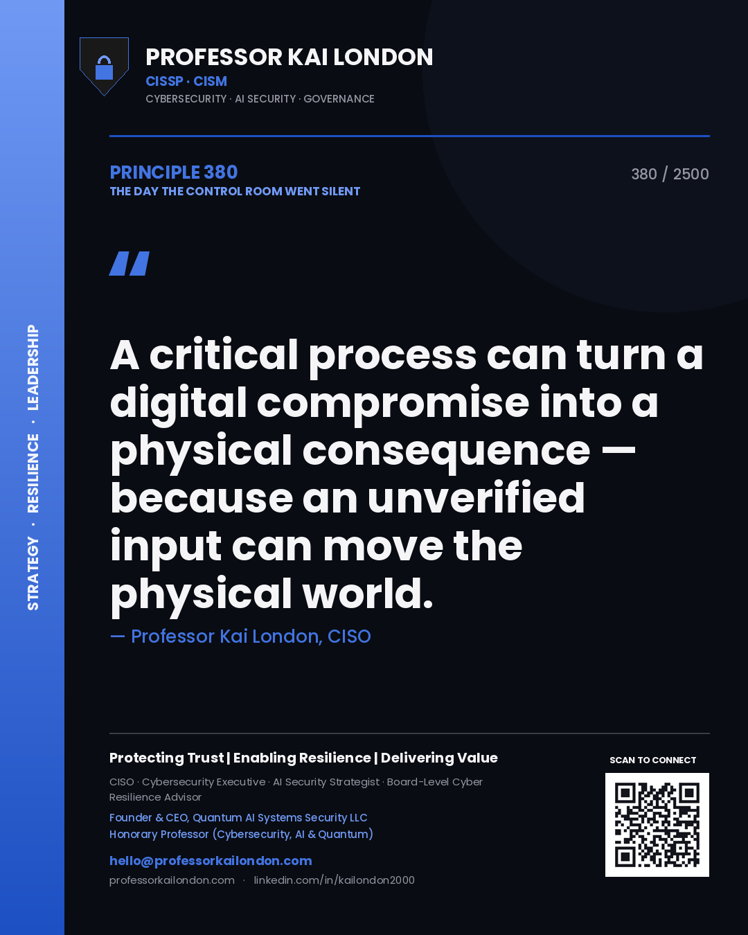 Professor Kai London principle 380: A critical process can turn a digital compromise into a physical consequence — because an unverified input can move the physical world.