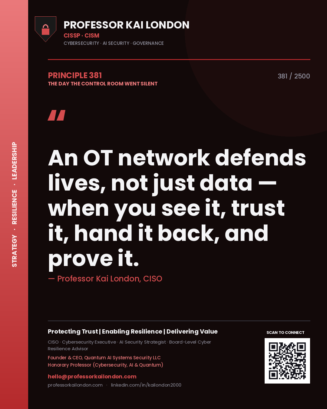 Professor Kai London principle 381: An OT network defends lives, not just data — when you see it, trust it, hand it back, and prove it.