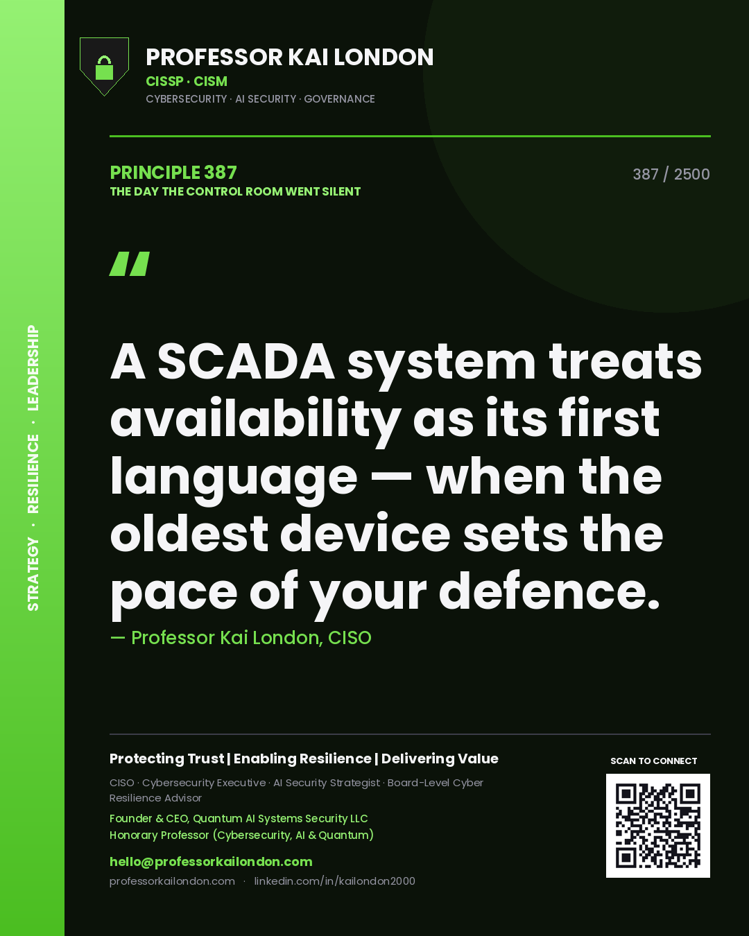 Professor Kai London principle 387: A SCADA system treats availability as its first language — when the oldest device sets the pace of your defence.
