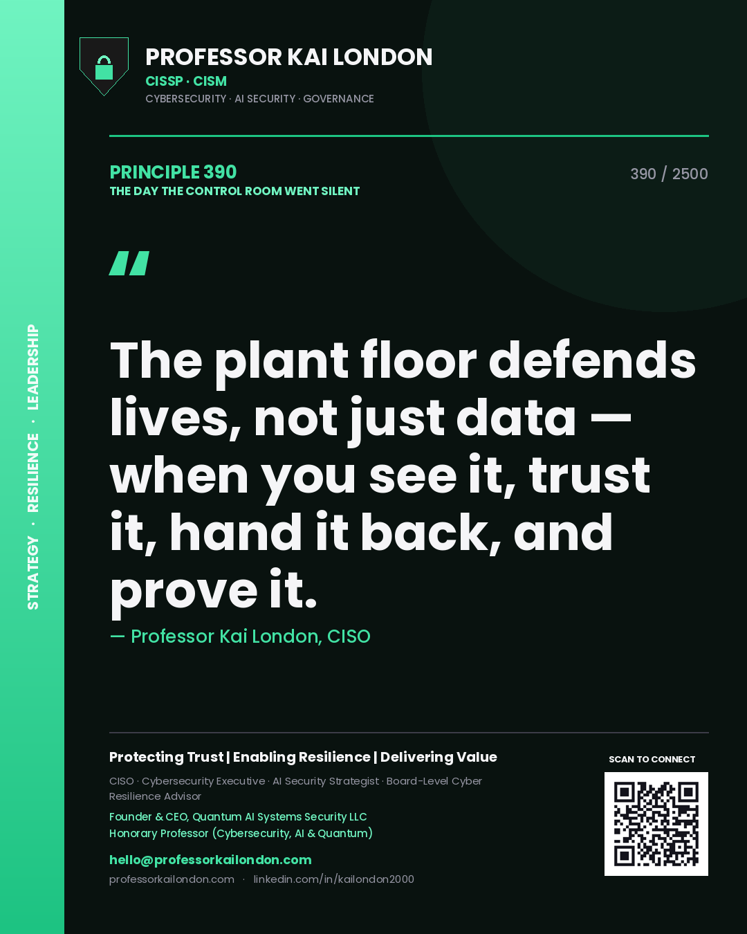 Quote card by Professor Kai London reading 'The plant floor defends lives, not just data — when you see it, trust it, hand it back, and prove it.'. From the book The Day the Control Room Went Silent.