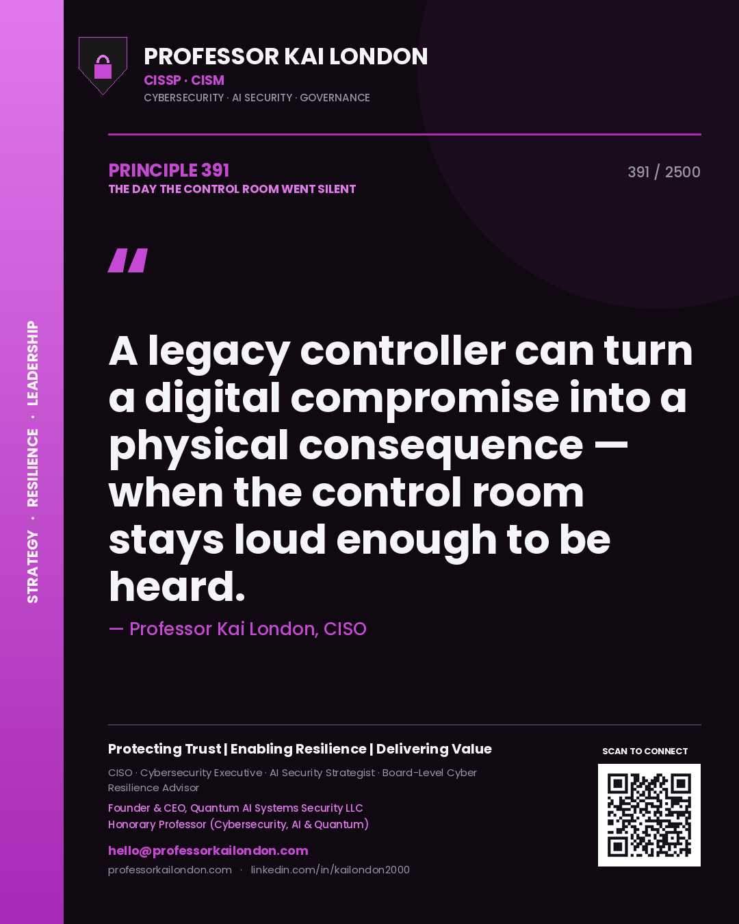 Quote card by Professor Kai London reading 'A legacy controller can turn a digital compromise into a physical consequence — when the control room stays loud enough to be heard.'. From the book The Day the Control Room Went Silent.